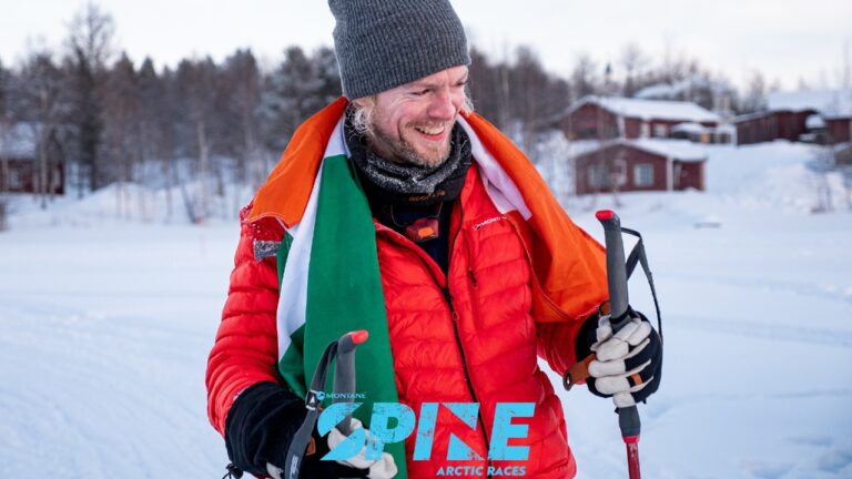 Kevin Leahy smiles after finishing Montane Arctic Spine 2024 photo credit: Montane Arctic Spine Race